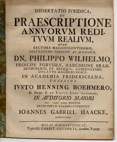 Haacke, Johann Gabriel: aus Nördlingen: Juristische Dissertation. De praescriptione annuorum redituum realium. 