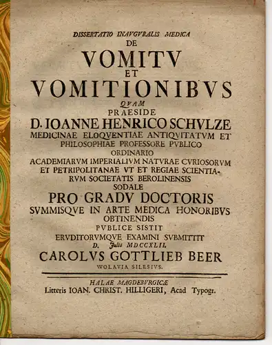 Beer, Carl Gottlieb: aus Wohlau: Medizinische Inaugural-Dissertation. De Vomitu Et Vomitionibus. 