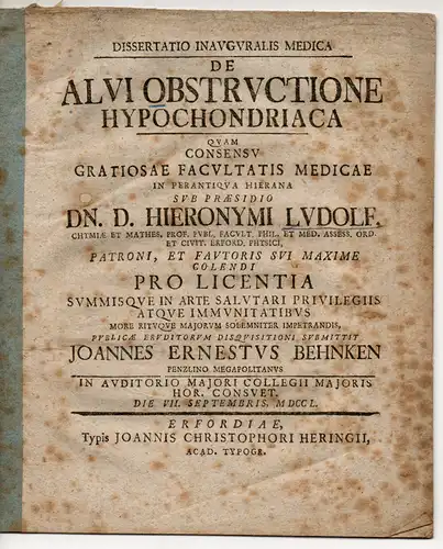 Behnken, Johann Ernst: aus Penzlin: Medizinische Inaugural-Dissertation. De Alvi Obstructione Hypochondriaca (Über hypochondrische Verstopfung). 