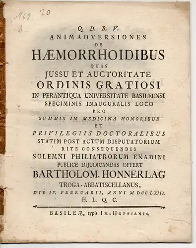 Honnerlag, Bartholomäus: aus Appenzell: Medizinische Disputation. De Haemorrhoidibus (Über Hämorrhoiden). 