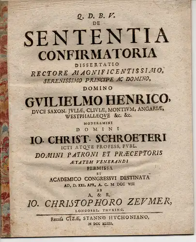 Zeumer, Johann Christoph: aus Langensalza: Juristische Dissertation. De sententia confirmatoria. 