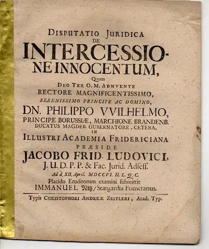 Nitz, Immanuel: aus Stargard: Juristische Disputation. De intercessione innocentum. 