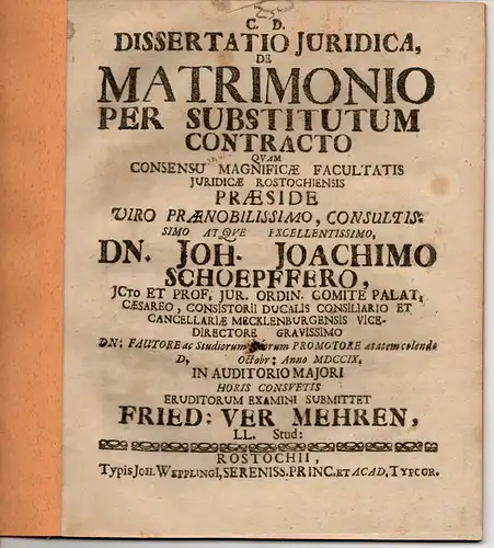 Ver Mehren (VerMehren), Friedrich: Juristische Dissertation. De matrimonio per substitutum contracto. 