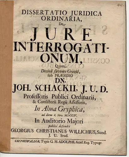 Willich, Georg Christian: Juristische Dissertation. De iure interrogationum. 