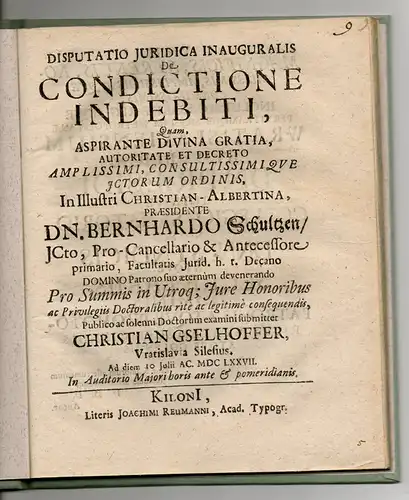 Gselhoffer, Christian: aus Breslau: Juristische Inaugural-Disputation. De condictione indebiti. 