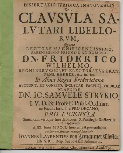 Jemgumer Closter, Johann Lorenz von: Juristische Inaugural-Dissertation. De clausula salutari libellorum (Über Bittschriften/Petitionen). 