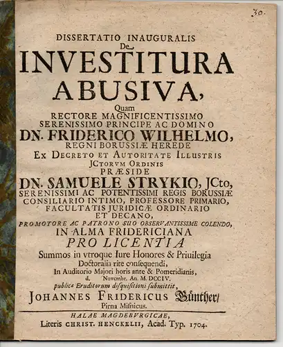 Günther, Johann Friedrich: aus Pirna: Juristische Inaugural-Dissertation. De investitura abusiva (Über Missbrauch der Investitur). 