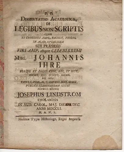 Lindström, Joseph: aus Smoland: Dissertatio academica, de legibus non scriptis. 