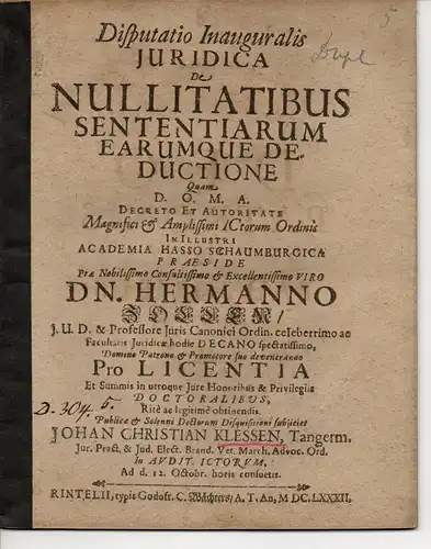 Klessen, Johann Christian: aus Tangermünde: Juristische Inaugural-Disputation. De nullitatibus sententiarum earumque deductione. 