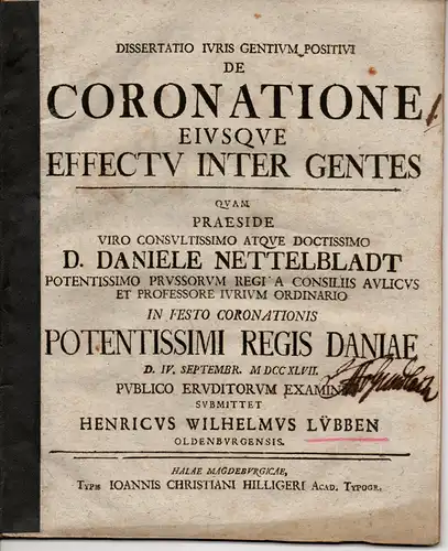 Lübben, Heinrich Wilhelm: aus Oldenburg: Juristische Dissertation. De coronatione eiusque effectu inter gentes. 