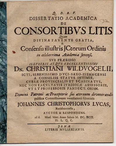 Lucas, Johannes Christoph: aus Regensburg: Dissertatio Academica De Consortibus Litis. 
