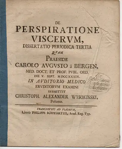Wysokinski, Christoph Alexander: Medizinische Dissertation. De perspiratione viscerum. 