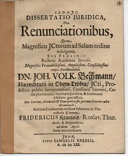 Krausold, Friedrich: aus Roßlau: Juristische Dissertation. De renunciationibus. 