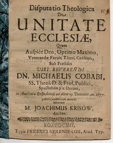 Krisow, Joachim: Theologische Disputation. De unitate ecclesiae. 