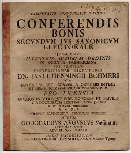 Hoffmann, Gottfried August: aus Leisnig: Juristische Inaugural-Dissertation. De conferendis bonis secundum Ius Saxonicum Electorale. 