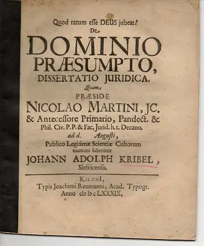 Kribel, Johann Adolph: aus Schleswig: Juristische Dissertation. De dominio praesumpto. 