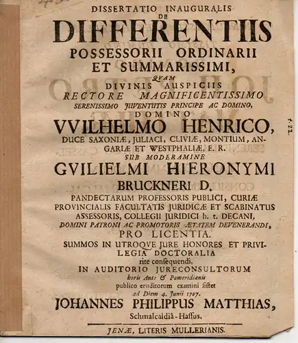 Matthias, Johann Philipp: aus Schmalkalden: Juristische Inaugural-Dissertation. De differentiis possessorii ordinarii et summarissimi. 