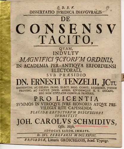 Schmid, Johann Carl: aus Oschatz: Juristische Inaugural-Dissertation. De consensu tacito. 