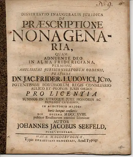Seefeld, Johann Jacob: aus Pyritz: Juristische Inaugural-Dissertation. De praescriptione nonagenaria. 