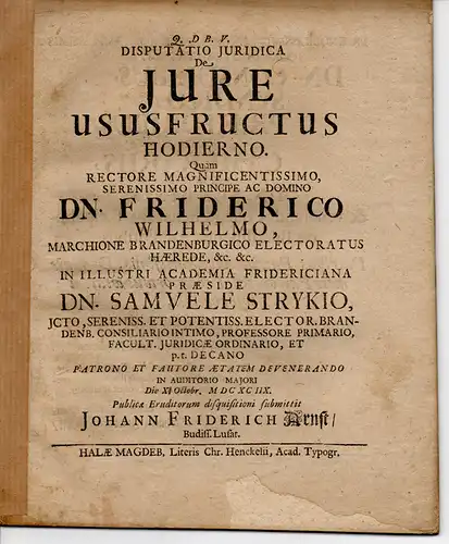 Arnst, Johann Friedrich: aus Bautzen: Juristische Disputation. De iure ususfructus hodierno. 