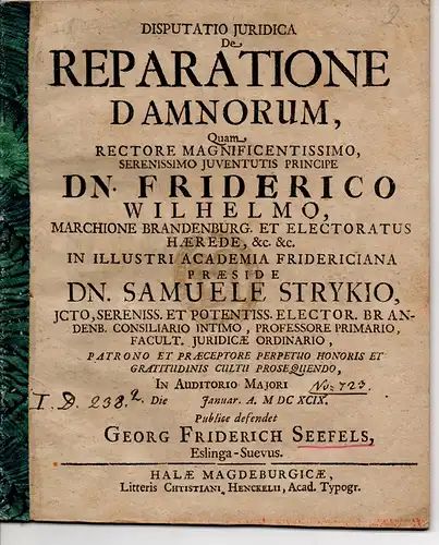 Seefels, Georg Friedrich: aus Esslingen: Juristische Disputation. De reparatione damnorum. 