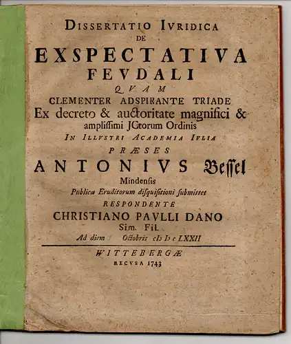 Paulli, Christian: Juristische Dissertation. De exspectativa feudali. 