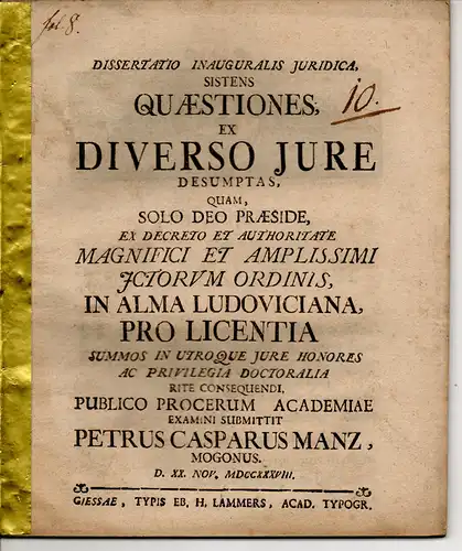 Manz, Peter Caspar: Juristische Inaugural-Dissertation. Quaestiones ex diverso iure desumptas. 