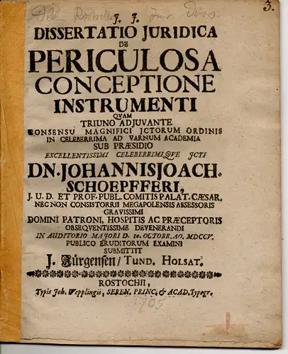 Jürgensen, J.: aus Tondern: Juristische Dissertation. De periculosa conceptione instrumenti. 