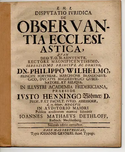 Dethloff, Johann Matthaeus: aus Rostock: Juristische Disputation. De observantia ecclesiastica. 