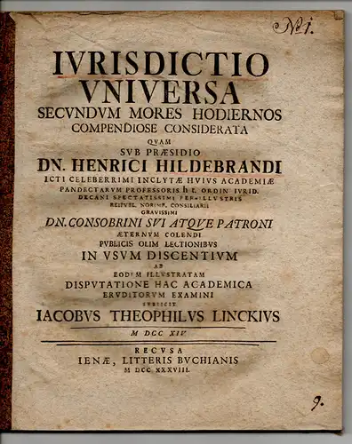 Linck, Jacob Gottlieb: Iurisdictio universa secundum mores hodiernos perquam compendiose considerata. 