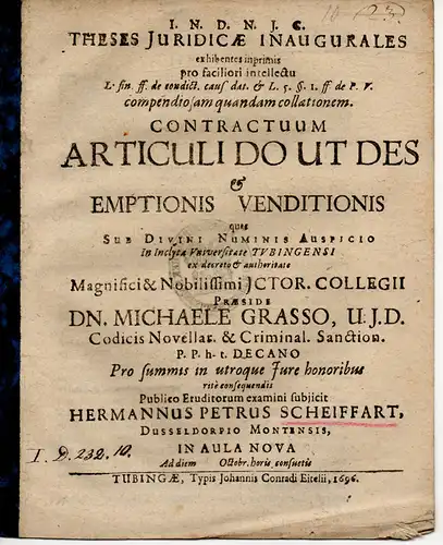 Scheiffart, Hermann Peter: aus Düsseldorf: Juristische Inaugural-Thesen. De contractibus articuli: do ut des et emptionis venditionis. 