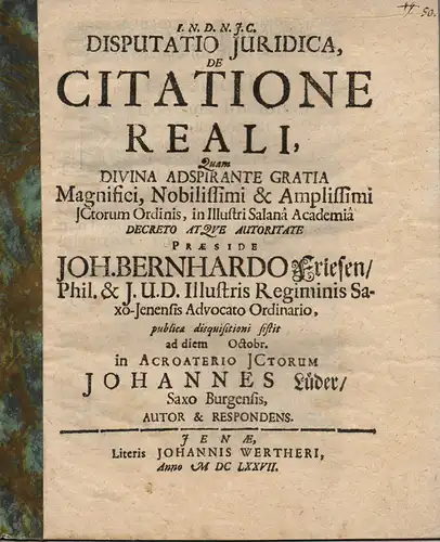 Lüder, Johann: Juristische Disputation. De citatione reali. 