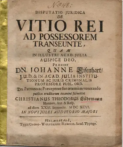 Lüdemann, Christian Theodor: aus Hannover: Juristische Disputation. De vitio rei ad possessorem transeunte. 