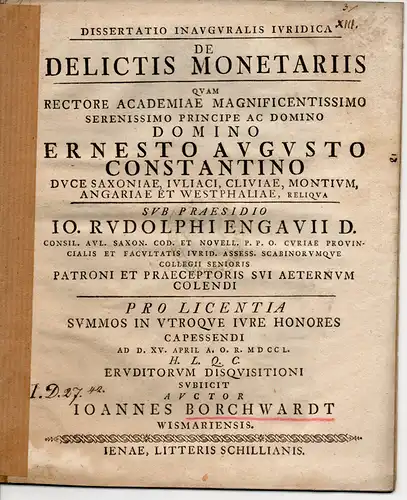 Borchwardt, Johann: aus Wismar: Juristische Inaugural-Dissertation. De delictis monetariis. 