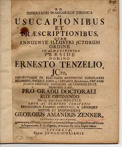 Zenner, Georg Amandus: Altenburg/Meißen: Juristische Inaugural-Dissertation. De usucapionibus et praescriptionibus. 