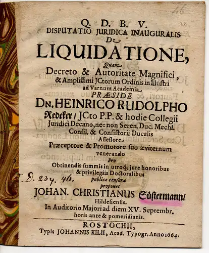 Süstermann, Johannes Christian: aus Hildesheim: Juristische Inaugural-Disputation. De liquidatione. 