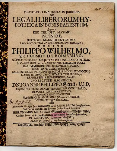 Schneider, Hieronymus Melchior: Juristische Inaugural-Disputation. De legali liberorum hypotheca in bonis parentum. 