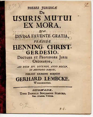 Lembcke, Gerhard: aus Wismar: Juristische Thesen. De usuris mutui ex mora. 