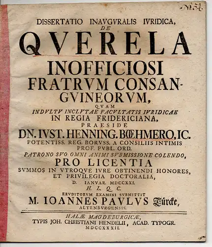 Türcke, Johann Paul: aus Altenburg: Juristische Inaugural-Dissertation. De querela inofficiosi fratrum consanguineorum. 