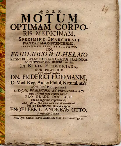 Otto, Engelbert Andreas: aus Naumburg: Motum Optimam Corporis Medicinam. Medizinische Inaugural-Dissertation. 