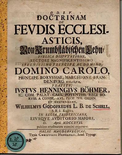 Schell, Wilhelm Gottfried von: Doctrinam de feudis ecclesiasticis, Von krumbstäbischen Lehn. 