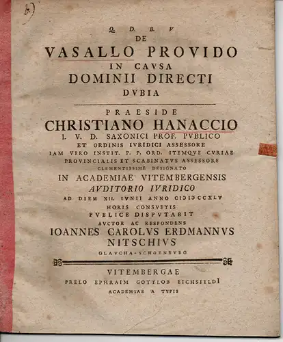 Nitsch, Johannes Carl Erdmann: Glaucha-Schnburg: De vasallo provido in causa dominii directi dubia. 