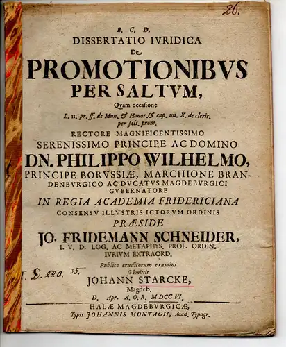 Starcke, Johann: aus Magdeburg: Juristische Dissertation. De promotionibus per saltum. 