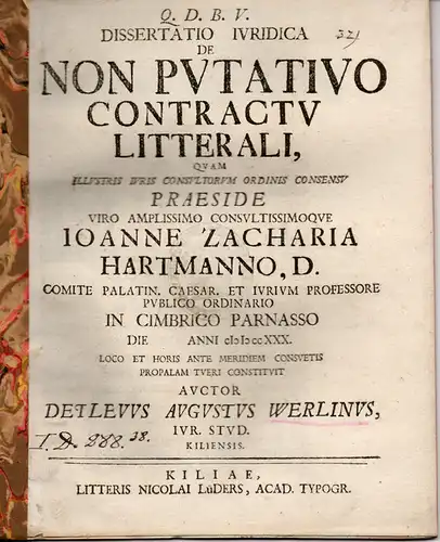 Werlin, Detlev August: aus Kiel: Juristische Dissertation. De Non Putativo Contractu Litterali. 