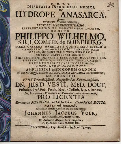 Volk, Johannes Jacobus aus Frankenhausen: Medizinische Inaugural-Dissertation. De hydrope anasarca (Über die hydropische Anasarka). 