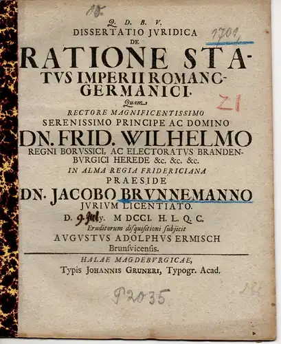 Ermisch, August Adolf: aus Braunschweig: Juristische Dissertation. De ratione status Imperii Romano-Germanici. 