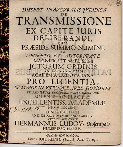 Rosenthal, Hermann Ludwig: Humbresso/Hessen: De transmissione ex capite juris deliberandi. Juristische Inaugrural Dissertation. 