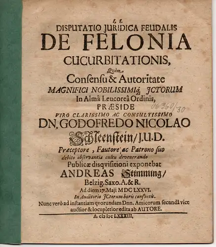 Stimming, Andreas: aus Belzig: De Felonia Cucurbitationis. Juristische Disputatio. 