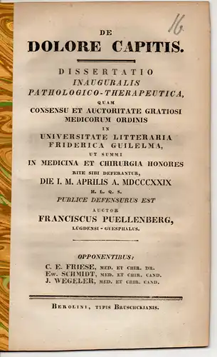 Püllenberg, Franz: aus Lügde: De dolore capitis. Dissertation. 