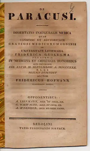 Hofmann, Friedrich: aus Friedberg: De paracusi. Dissertation. 